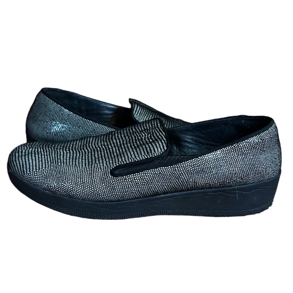 Women's Fitflop Black Houndstooth Leather Slip-On SupercomFF Loafers, Size 7
